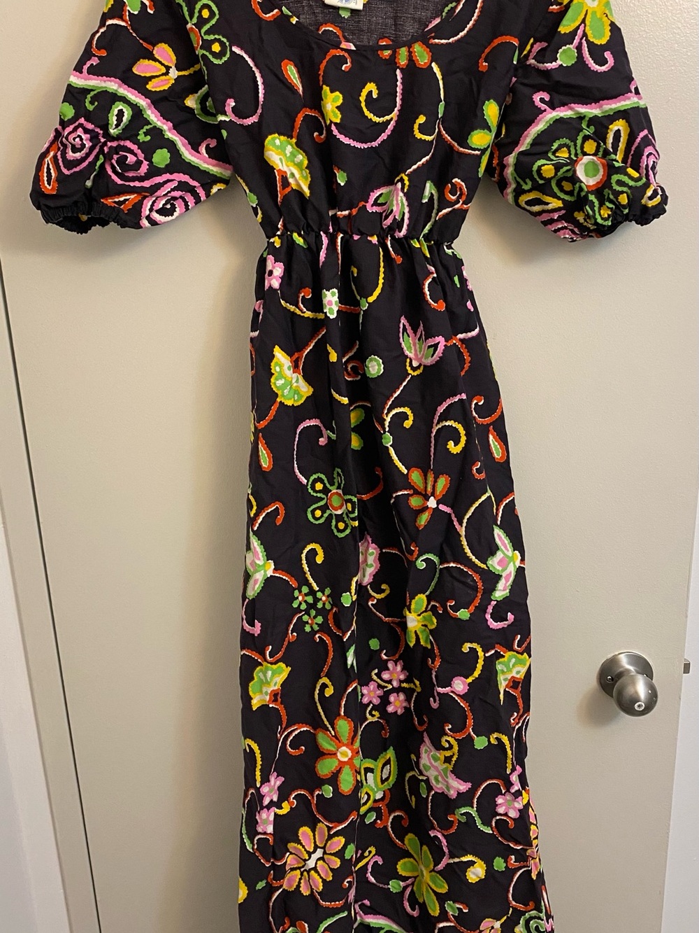 Black Floral Maxi Dress with Bright Multicolor Accents vintage